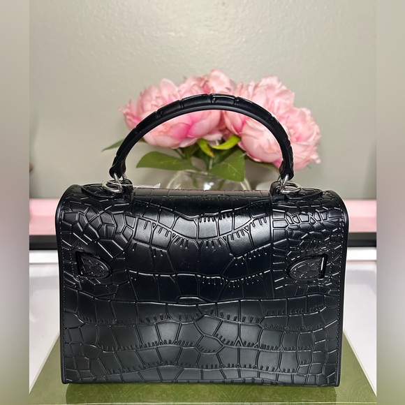JustFab Black Crocodile-Embossed Satchel - Picture 3 of 12